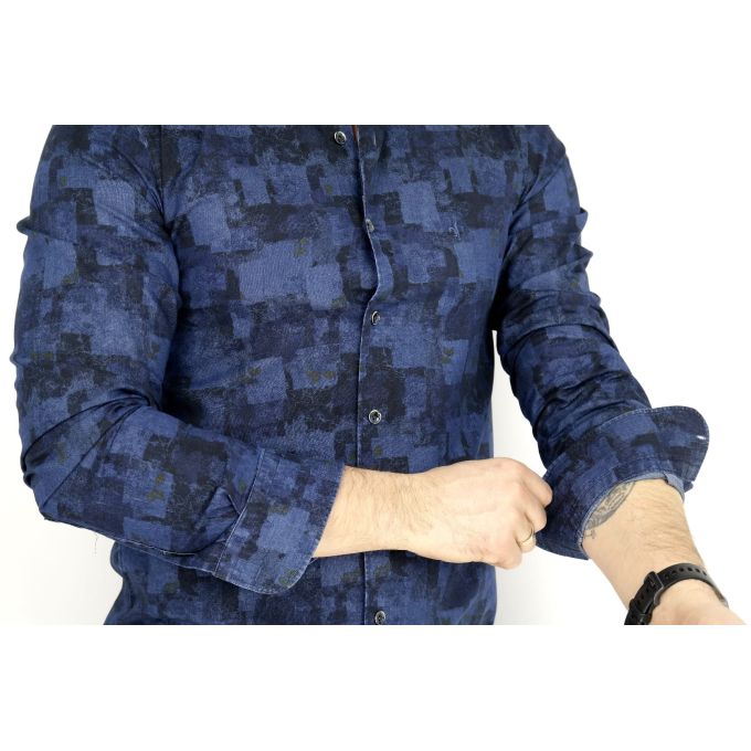 DANIEL BESSI Koszula męska fb528 Dżinsowa w kwiaty krata jeans | Sklep GriShop.eu | Koszule