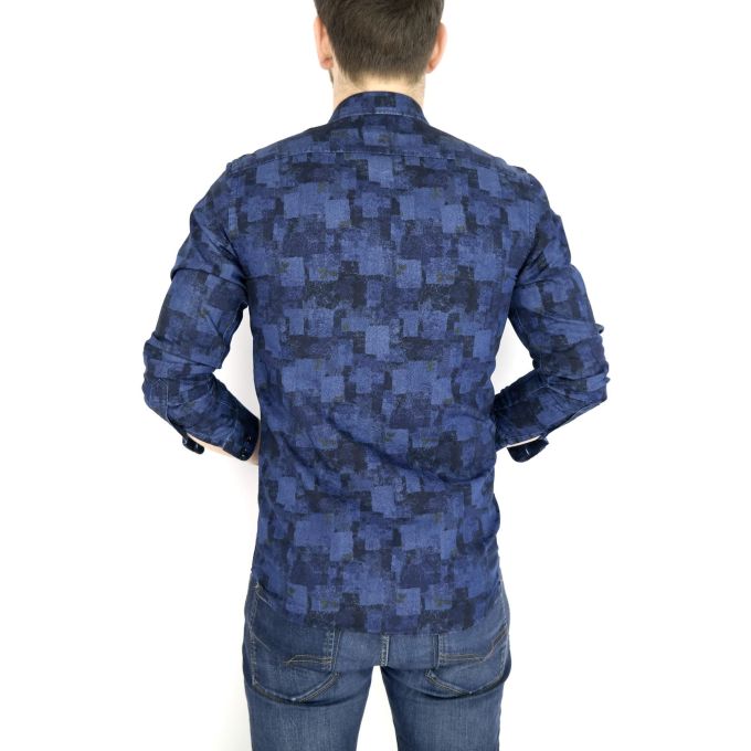 DANIEL BESSI Koszula męska fb528 Dżinsowa w kwiaty krata jeans | Sklep GriShop.eu | Koszule