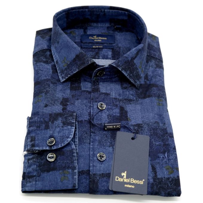DANIEL BESSI Koszula męska fb528 Dżinsowa w kwiaty krata jeans | Sklep GriShop.eu | Koszule