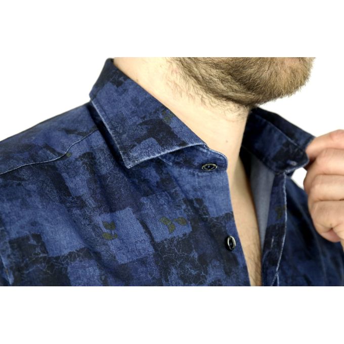 DANIEL BESSI Koszula męska fb528 Dżinsowa w kwiaty krata jeans | Sklep GriShop.eu | Koszule