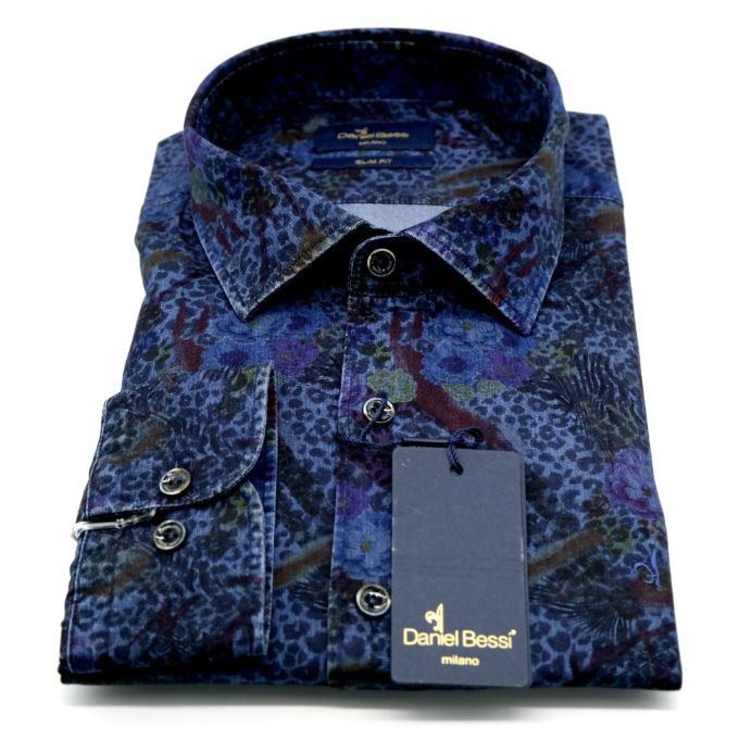 DANIEL BESSI Koszula męska fb529 jeans, dżins, kwiaty, panterka | Sklep GriShop.eu | Koszule