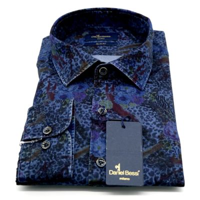DANIEL BESSI Koszula męska fb529 jeans, dżins, kwiaty, panterka | Sklep GriShop.eu | Koszule