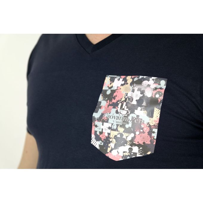 GIOVANNI PERA T-shirt męski serek granat puzzle TGP20 | Sklep GriShop.eu | Koszulki