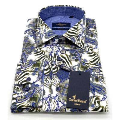 DANIEL BESSI Koszula męska fb485 zebra paisley biały niebieski | Sklep GriShop.eu | Koszule