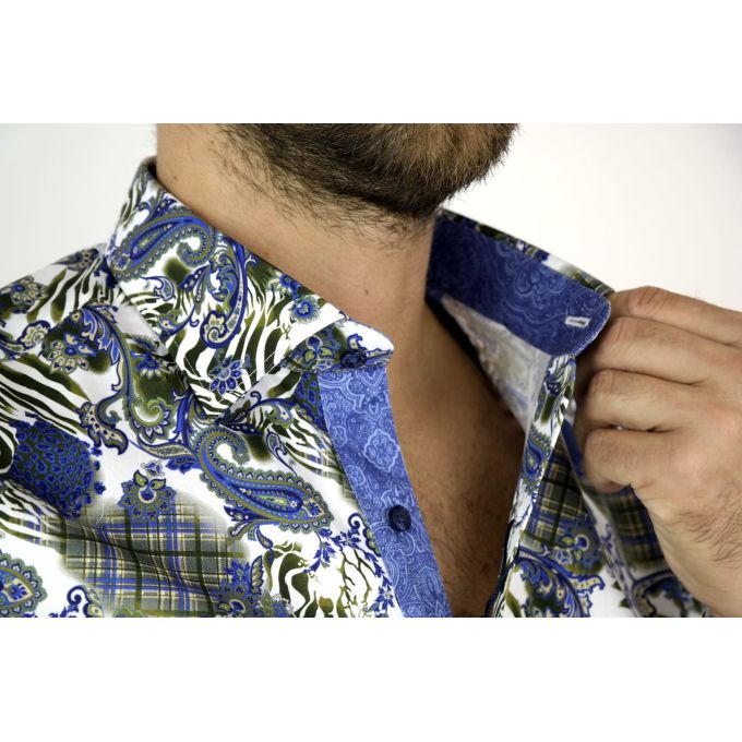 DANIEL BESSI Koszula męska fb485 zebra paisley biały niebieski | Sklep GriShop.eu | Koszule